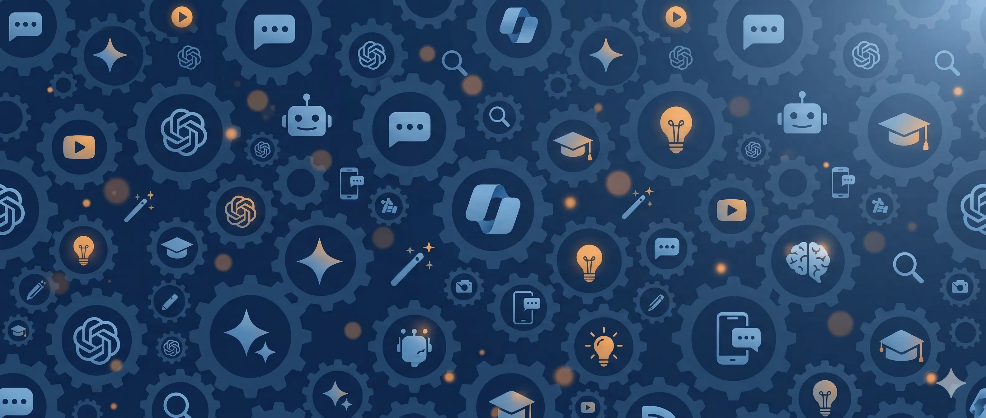 KI-Basics – dunkelblaues Motiv mit Zahnrädern und Icons zu KI, Lernen und digitalen Tools