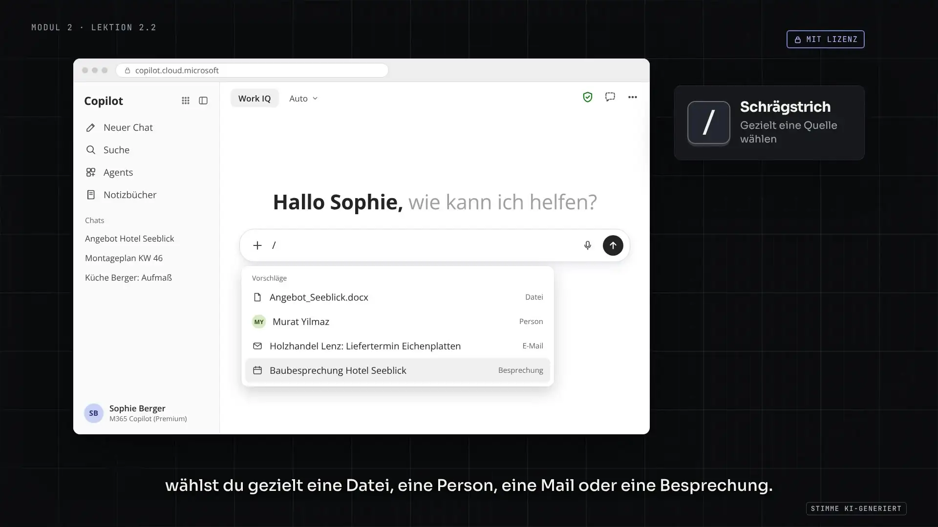 Standbild aus dem Kursvideo: die nachgebaute Copilot-App mit der Auswahl nach dem Schrägstrich
