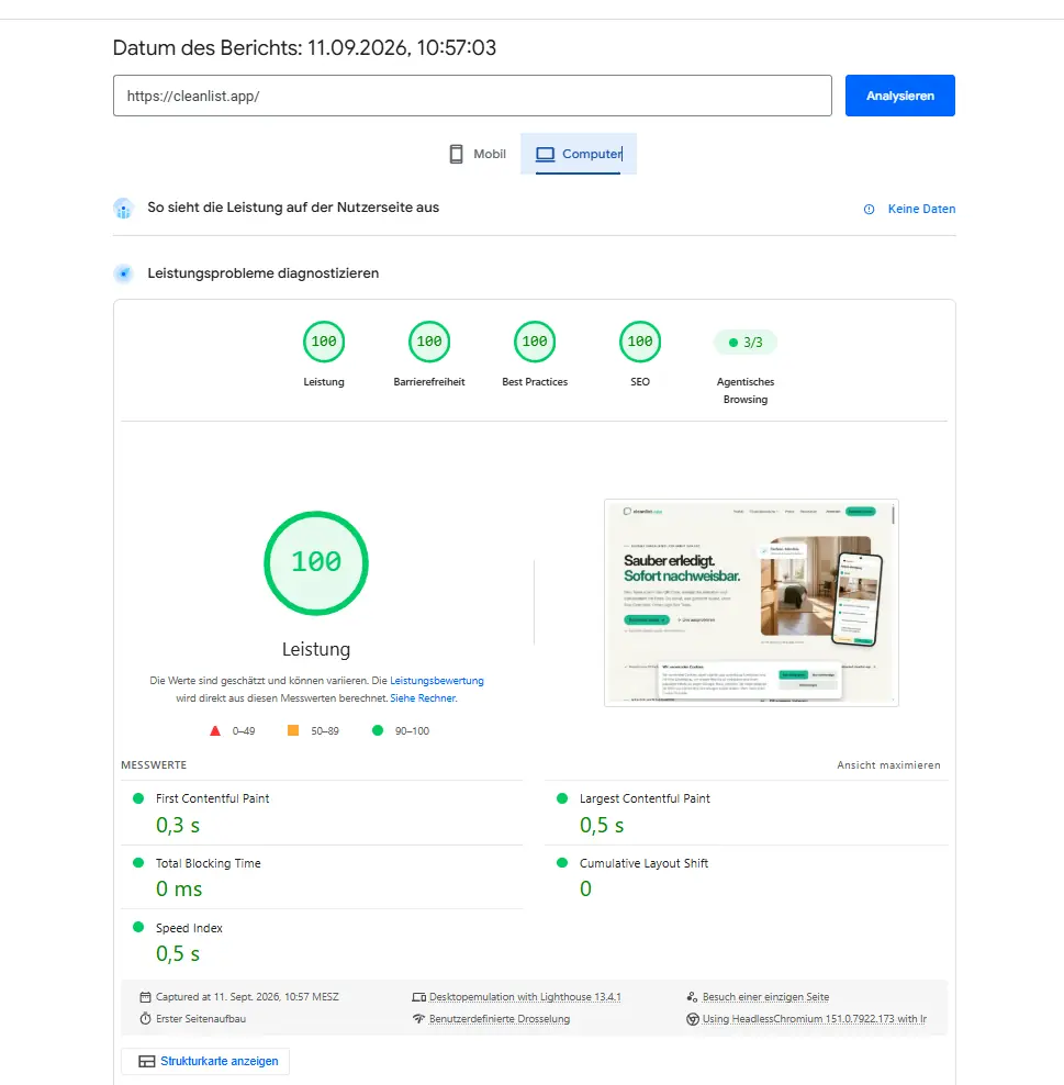PageSpeed-Originalbericht: cleanlist.app, Desktop, 11.09.2026
