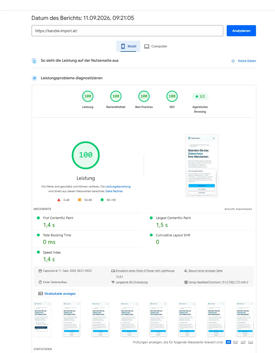 PageSpeed-Originalbericht: kanzlei-import.at, Mobil, 11.09.2026