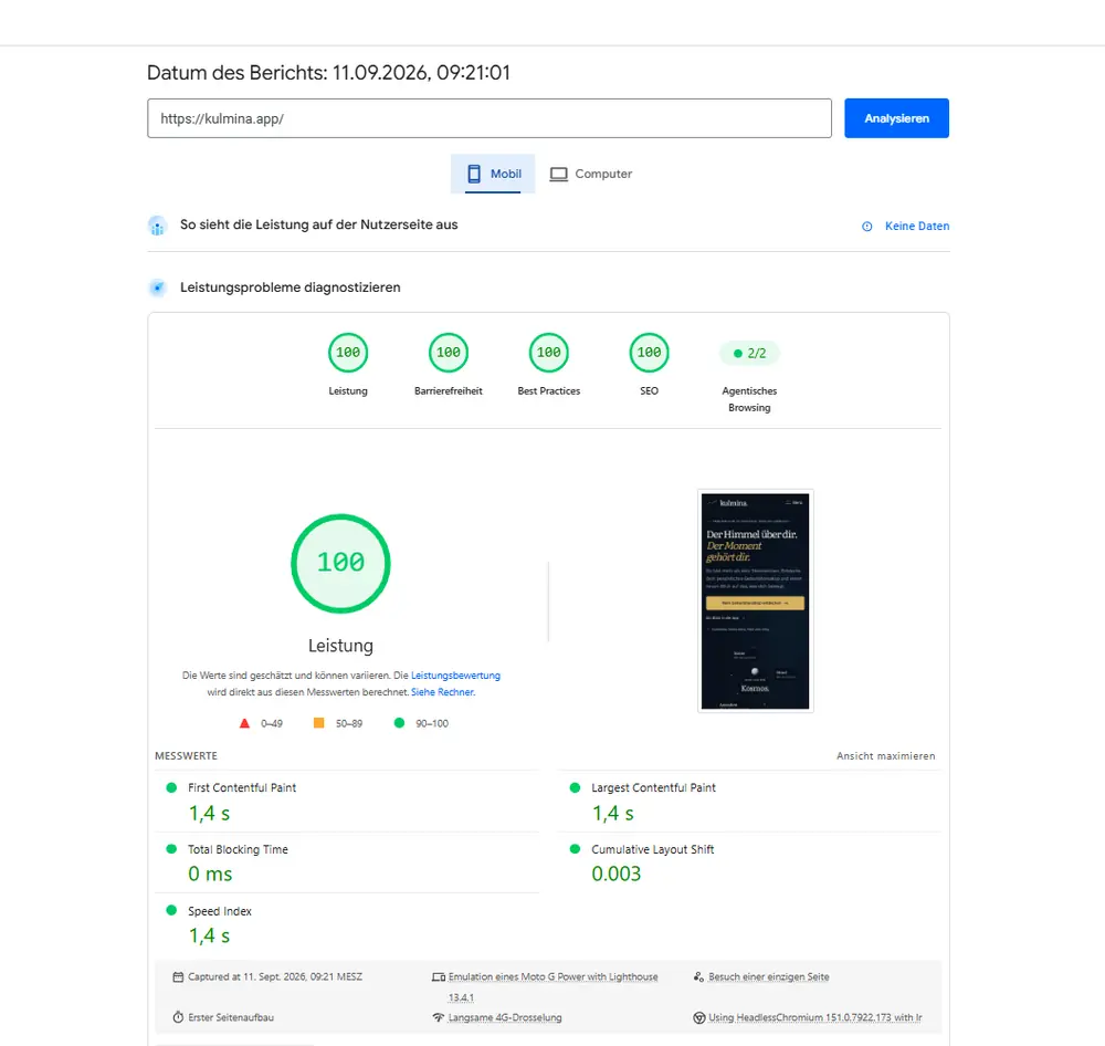 PageSpeed-Originalbericht: kulmina.app, Mobil, 11.09.2026