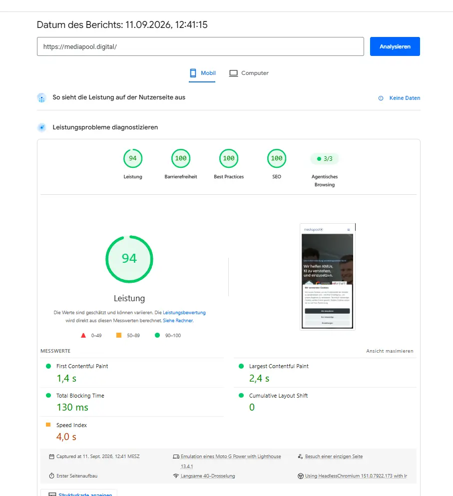 PageSpeed-Originalbericht: mediapool.digital, Mobil, 11.09.2026