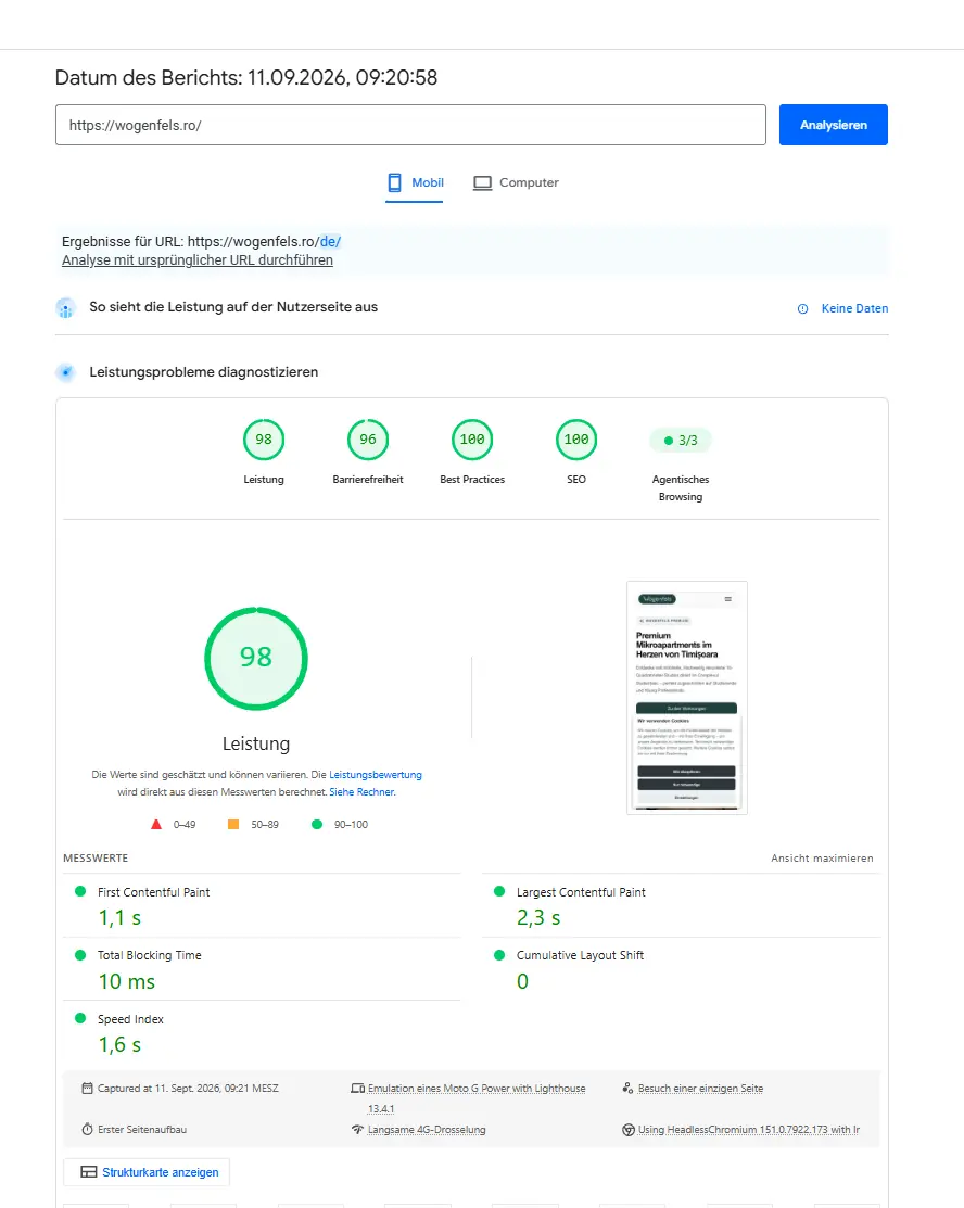 PageSpeed-Originalbericht: wogenfels.ro, Mobil, 11.09.2026