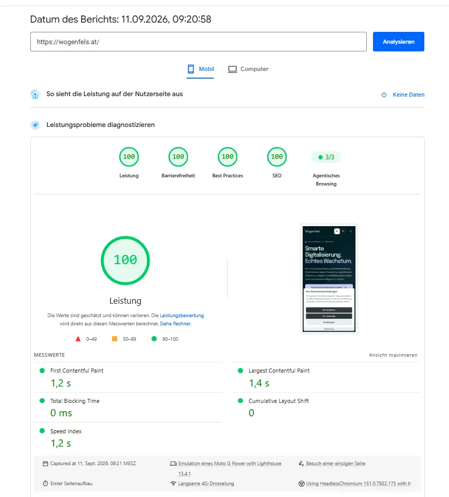 PageSpeed-Originalbericht: wogenfels.at, Mobil, 11.09.2026